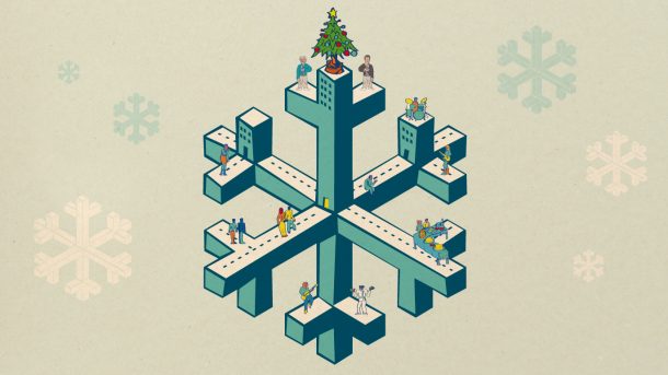 Illustration mit einer Schneeflocke, vielen Menschen und einem Weihnachtsbaum.